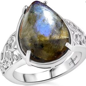 NWT STS KARIS Labradorite Ring Size 7 or 8 Intricate Design Silver Tone UNISEX